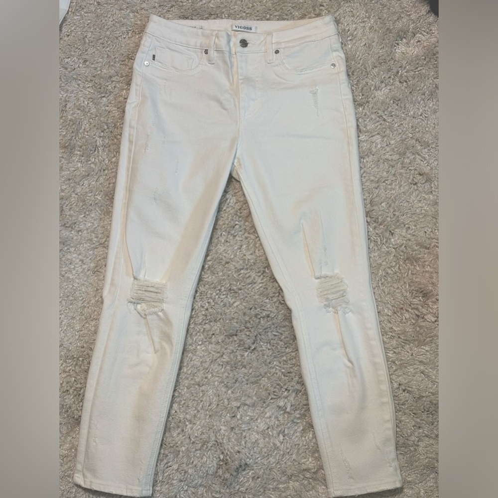 Vigoss White Denim Distressed Slim Fit Jeans - Size 28